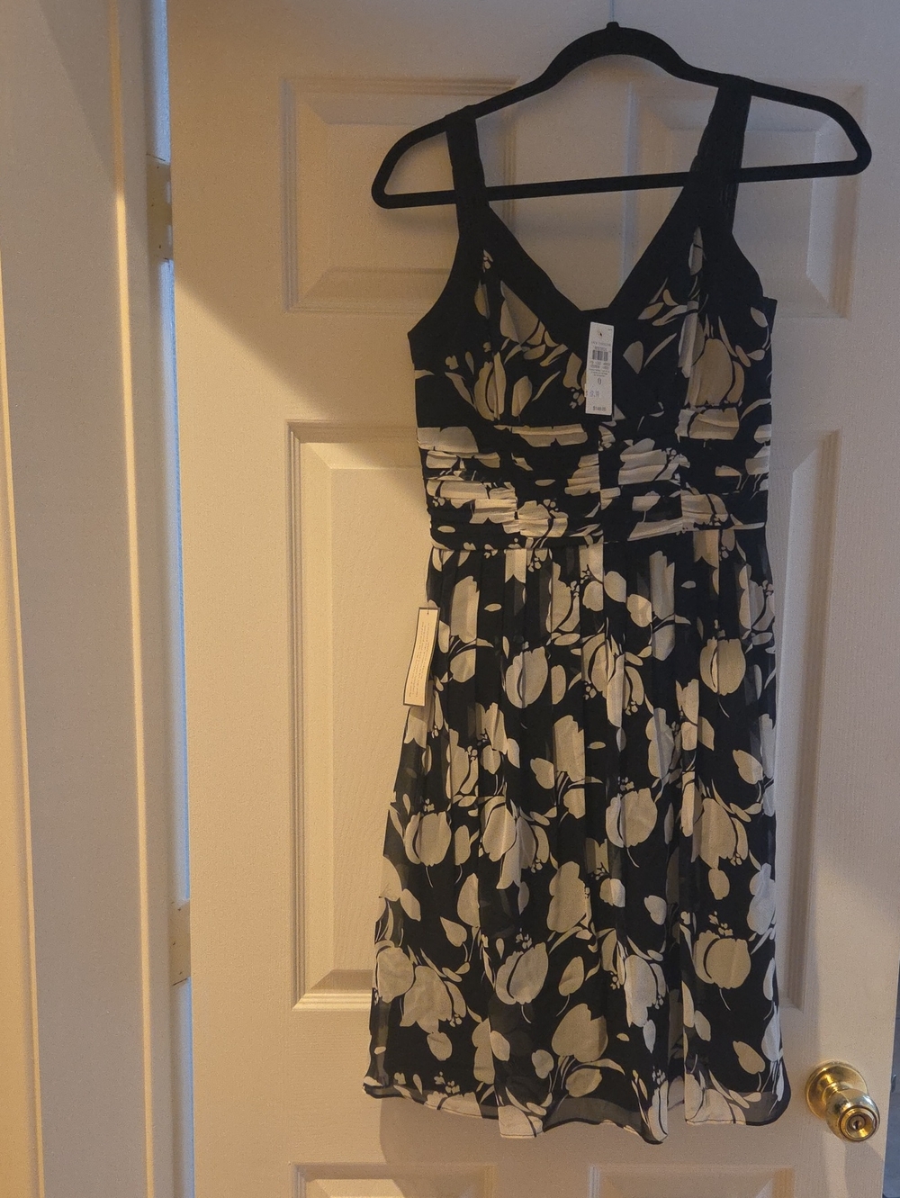 Ann Taylor Black Dress with Cream Floral Print, Midi V-Neck